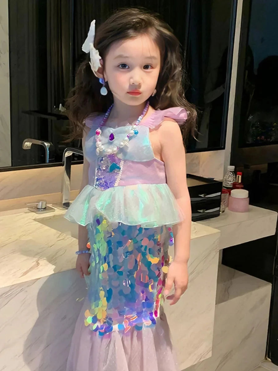 Little Mermaid Ariel Princess Costume Kids Sequined Ruffle Purple Dress For Girls Cosplay Children Carnival Birthday Party Dress