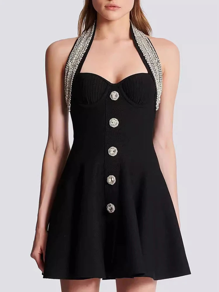 DEAT Fashion Women's Party Dress Halter Sleeveless Backless Zipper Waist Retraction Rhinestone Dresses Summer 2024 New YX0498