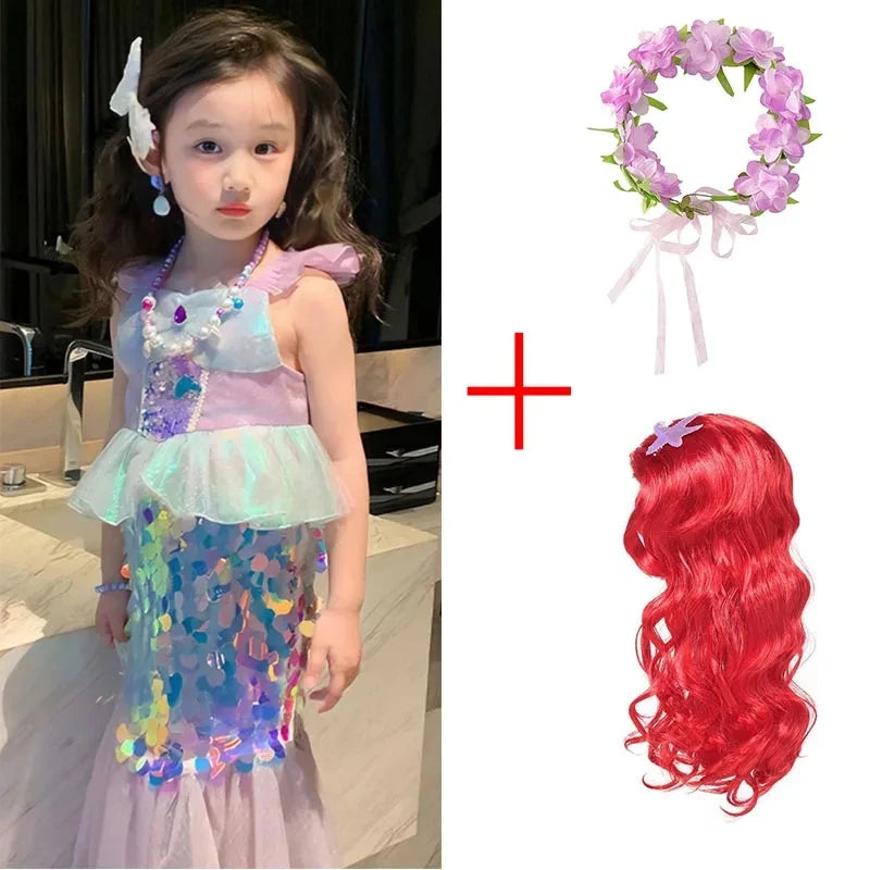 Little Mermaid Ariel Princess Costume Kids Sequined Ruffle Purple Dress For Girls Cosplay Children Carnival Birthday Party Dress