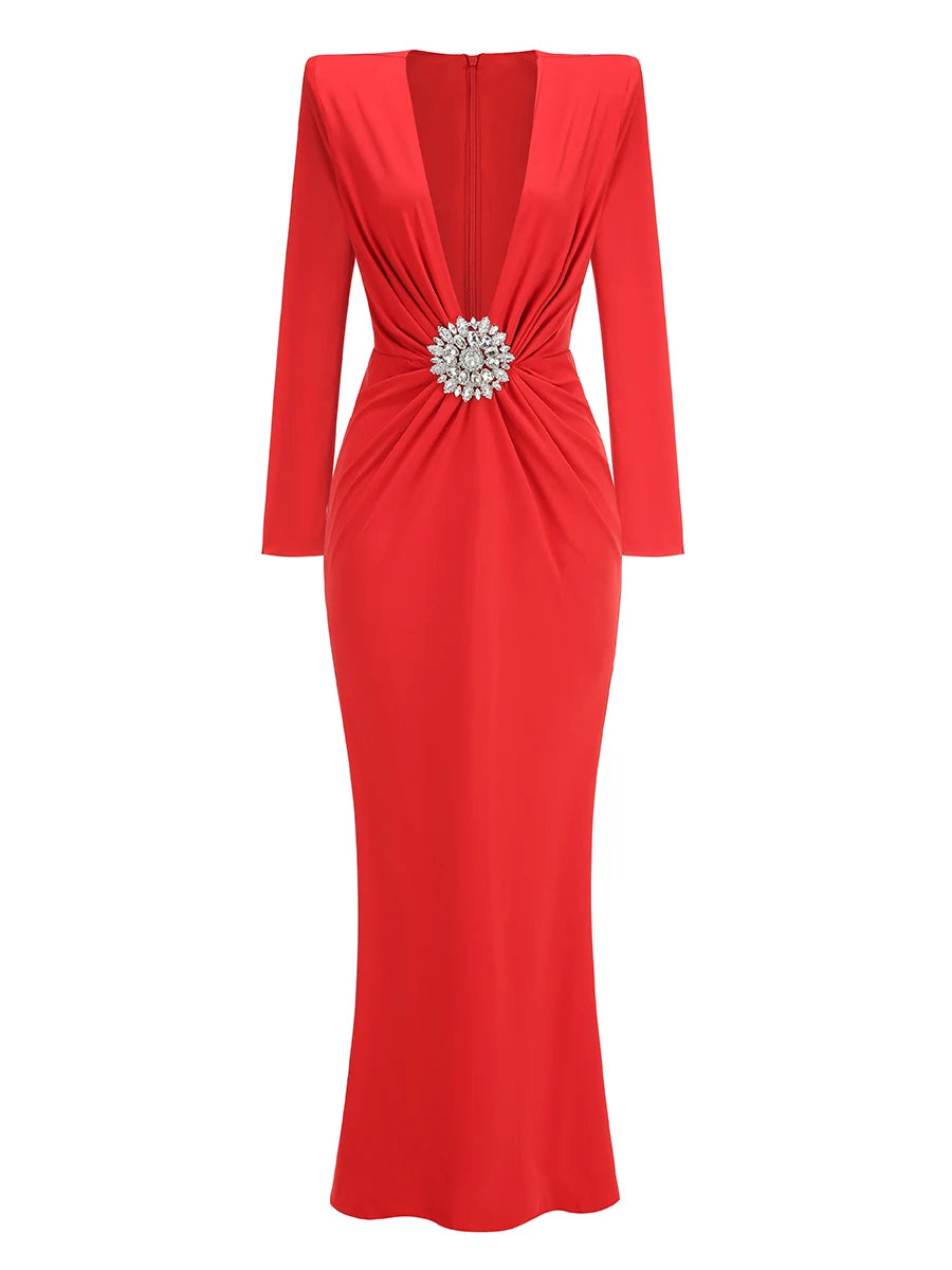 3 Colors New Ins Winter 2024 Women Long Sleeve Red Black Maxi Bodycon Dress Deep V Neck Crystal Evening Party Dress Vestido