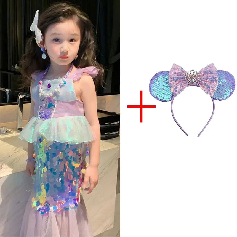 Little Mermaid Ariel Princess Costume Kids Sequined Ruffle Purple Dress For Girls Cosplay Children Carnival Birthday Party Dress