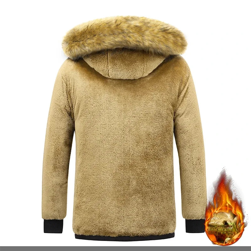 2024 New Men Winter Parka Fleece Lined Thick Warm Hooded Fur Collar Coat Male Size 5XL Plush Jacket Autumn Work Outwearing Black