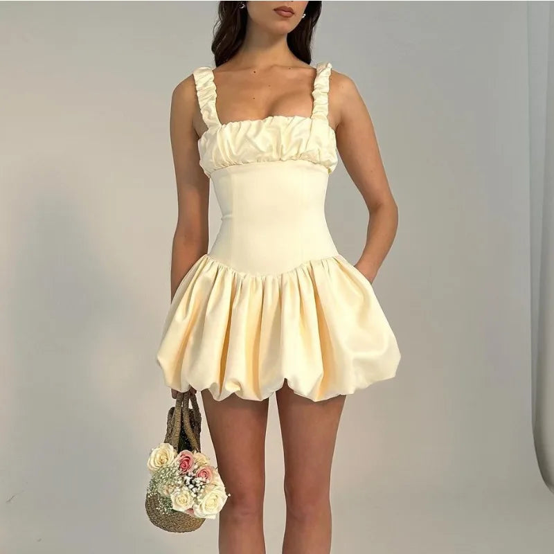 TARUXY Suspender Mini Dress For Women Ball Gown Splice Sexy Sleeveless Ruched Solid Summer New Princess Party Dress Female