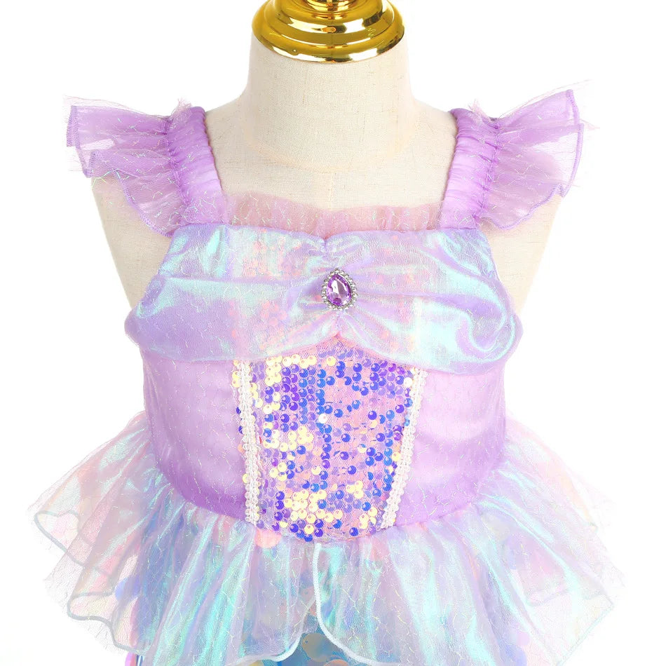 Little Mermaid Ariel Princess Costume Kids Sequined Ruffle Purple Dress For Girls Cosplay Children Carnival Birthday Party Dress