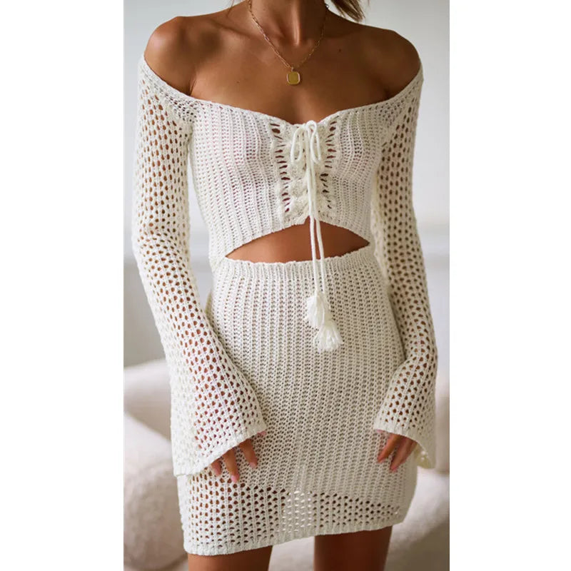 2023 hollow out dress women summer casual Ladies Slash Neck Party Dress White Solid Beach Sweet Streetwear