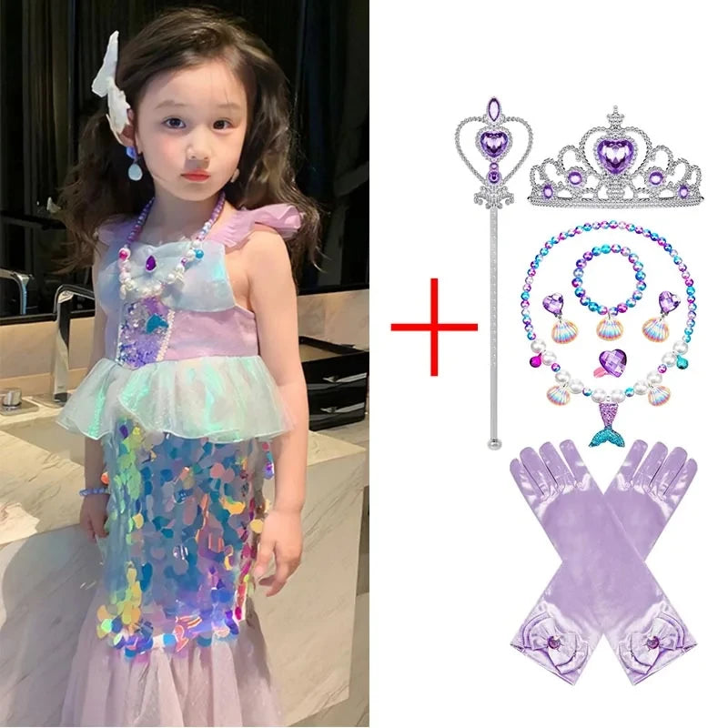 Little Mermaid Ariel Princess Costume Kids Sequined Ruffle Purple Dress For Girls Cosplay Children Carnival Birthday Party Dress