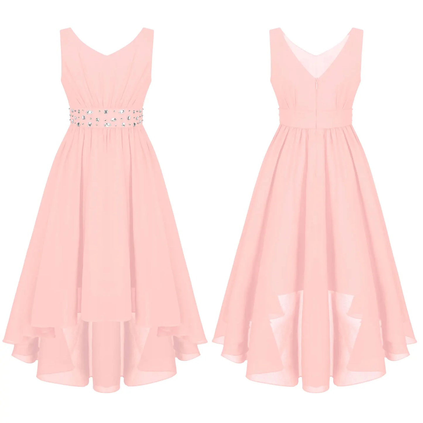 Kids Elegant Chiffon Flower Girls Birthday Party Dress Sleeveless Shiny Beaded Maxi Hi-lo Hem Wedding Evening Princess Dresses