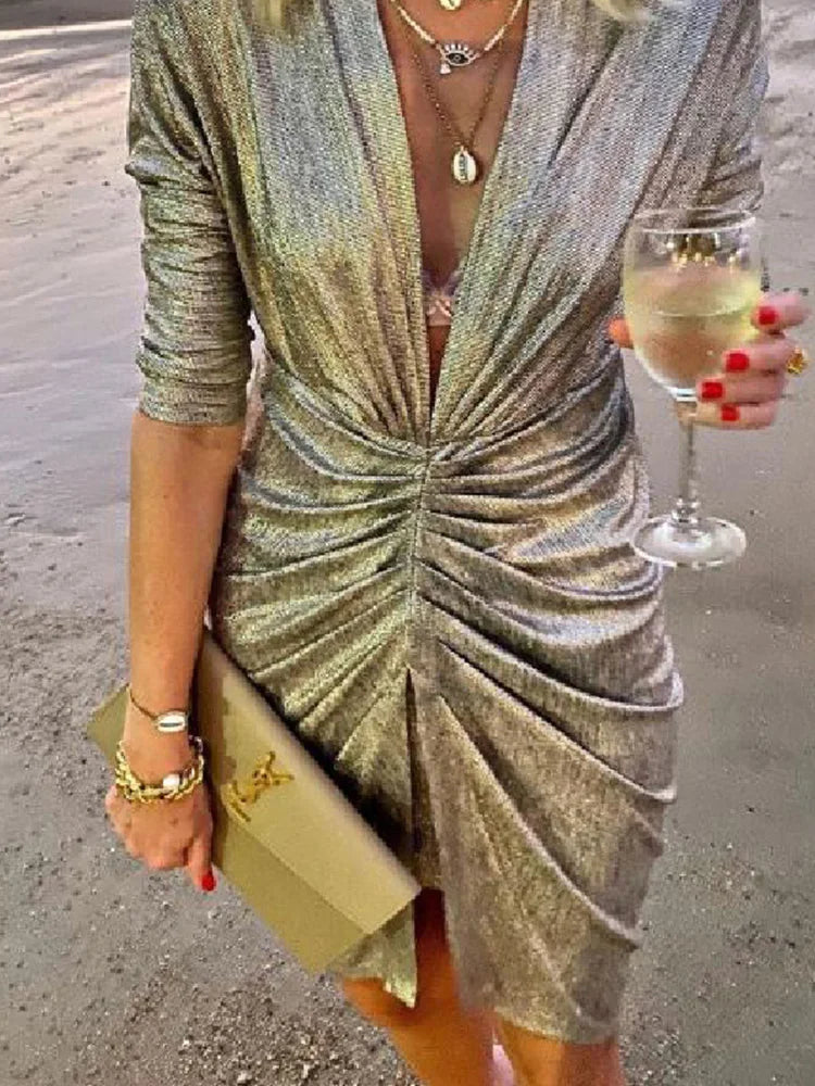 2022 Sexy Deep V Neck Draped Silk Party Dress Women New Elegant Slim Slit Mini Dress Spring Autumn Casual Solid Bodycon Dresses