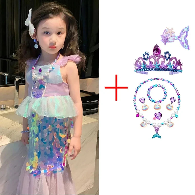 Little Mermaid Ariel Princess Costume Kids Sequined Ruffle Purple Dress For Girls Cosplay Children Carnival Birthday Party Dress