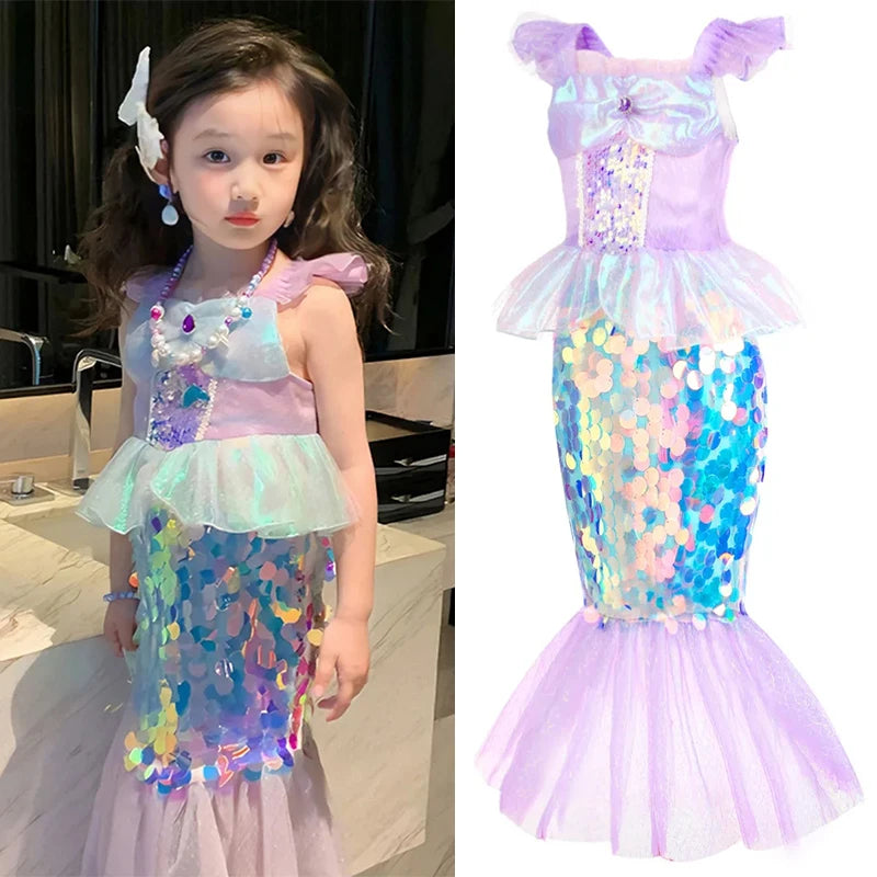 Little Mermaid Ariel Princess Costume Kids Sequined Ruffle Purple Dress For Girls Cosplay Children Carnival Birthday Party Dress