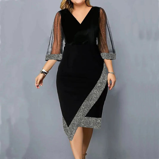 Women Elegant V-Neck Party Dress Plus Size Velvet Irregular Silver Thread Sheer Mesh Hi-Low Dress Summer Fashion Evening Gowns