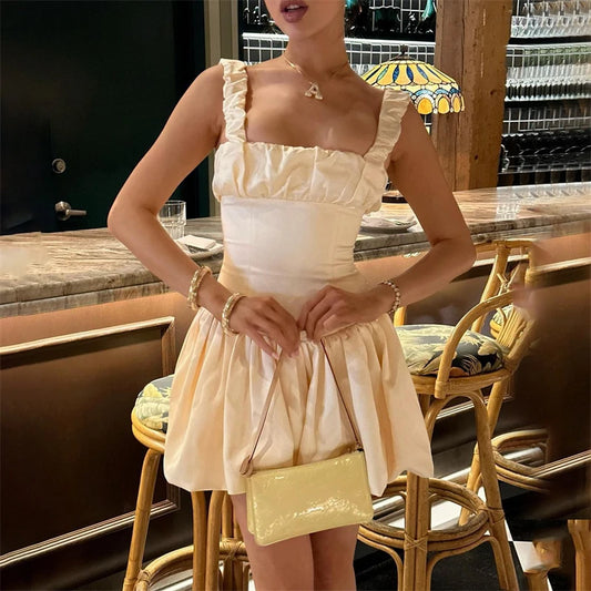 TARUXY Suspender Mini Dress For Women Ball Gown Splice Sexy Sleeveless Ruched Solid Summer New Princess Party Dress Female